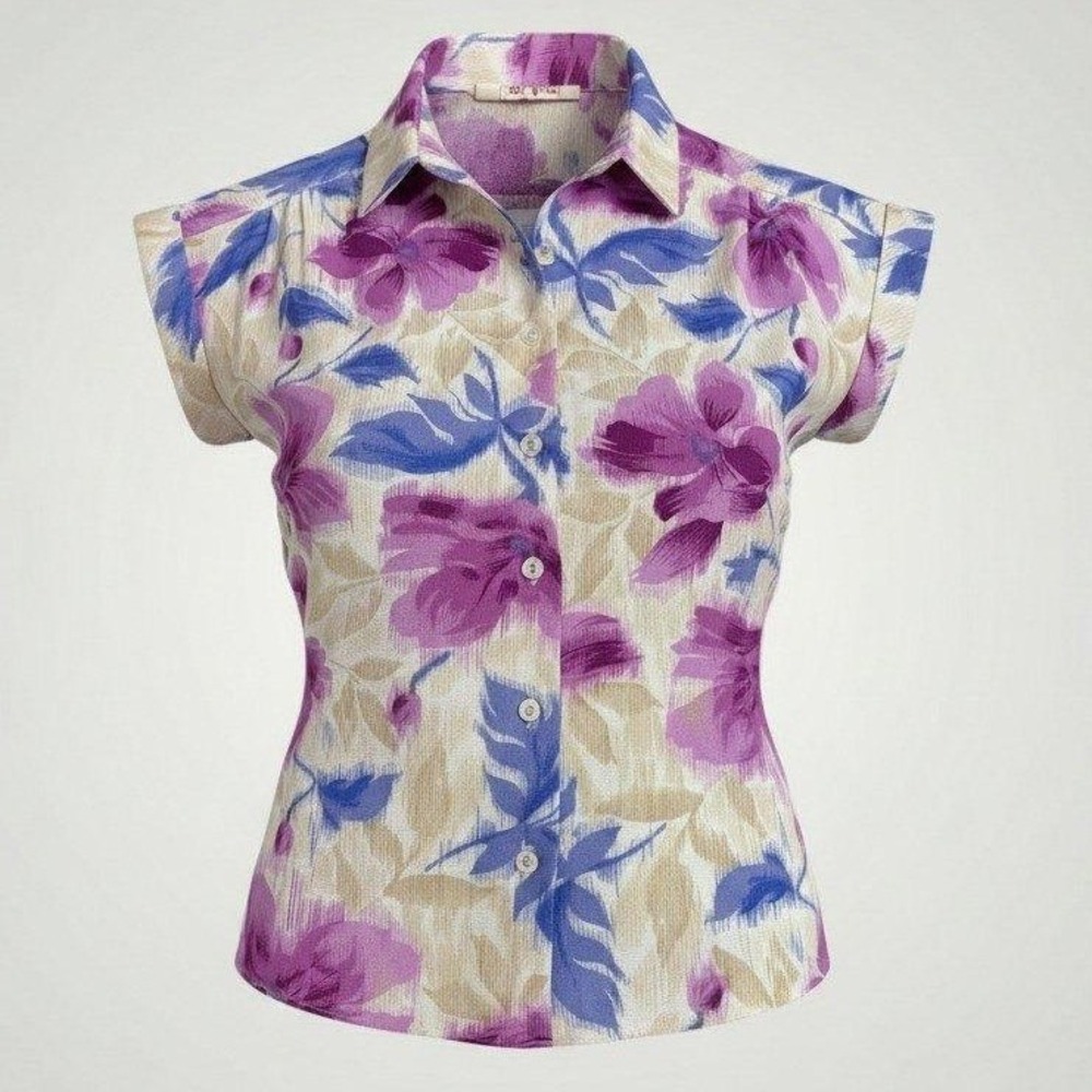 Mr. Mort Blouse Women Vintage Purple Floral ILGWU Button Up Vintage Rockabilly